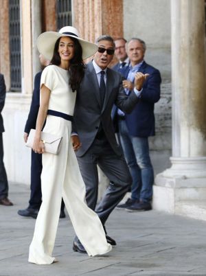 Amal Alamuddin Clooney fashion - white wedding pantsuit and hat - Stella McCartney.jpg
